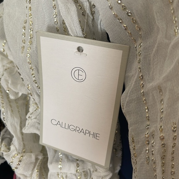 Calligraphie XL Sheer Blouse Women Top White Gold - Picture 11 of 12